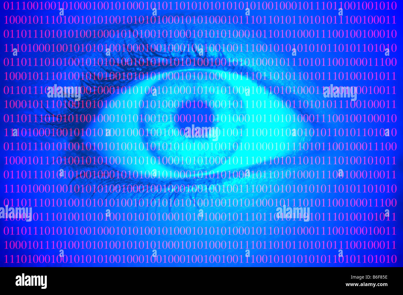 Close-up of binary code covering an eye with a light blue iris, symbolizing the collection of personal data Stock Photo