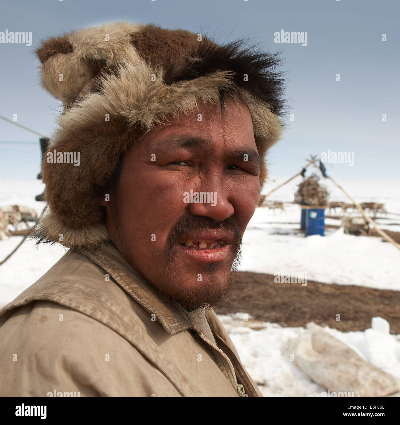 Yupic native, Reindeer herder, Kanchalan located in the Chukot Autonomous Region, Siberia Russia Stock Photo