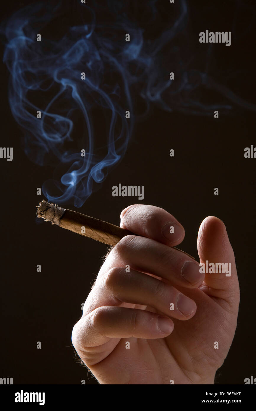 Hand with a smoking cigar Stock Photo