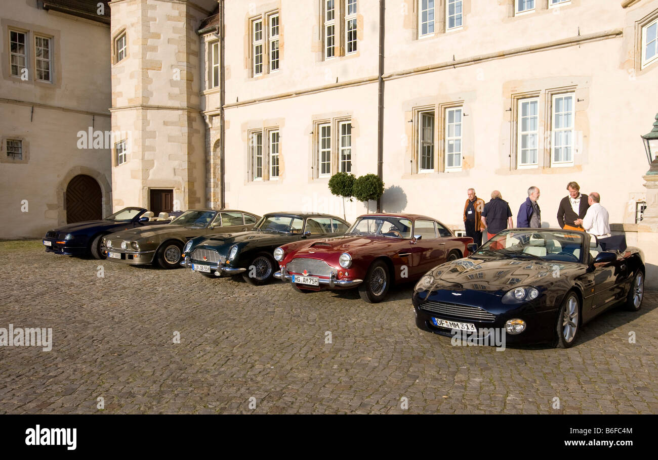 Aston Martin cars, from left to right, Aston Martin DB7 Vantage Volante, Aston Martin DB III, Aston martin DB5, Aston martin Va Stock Photo