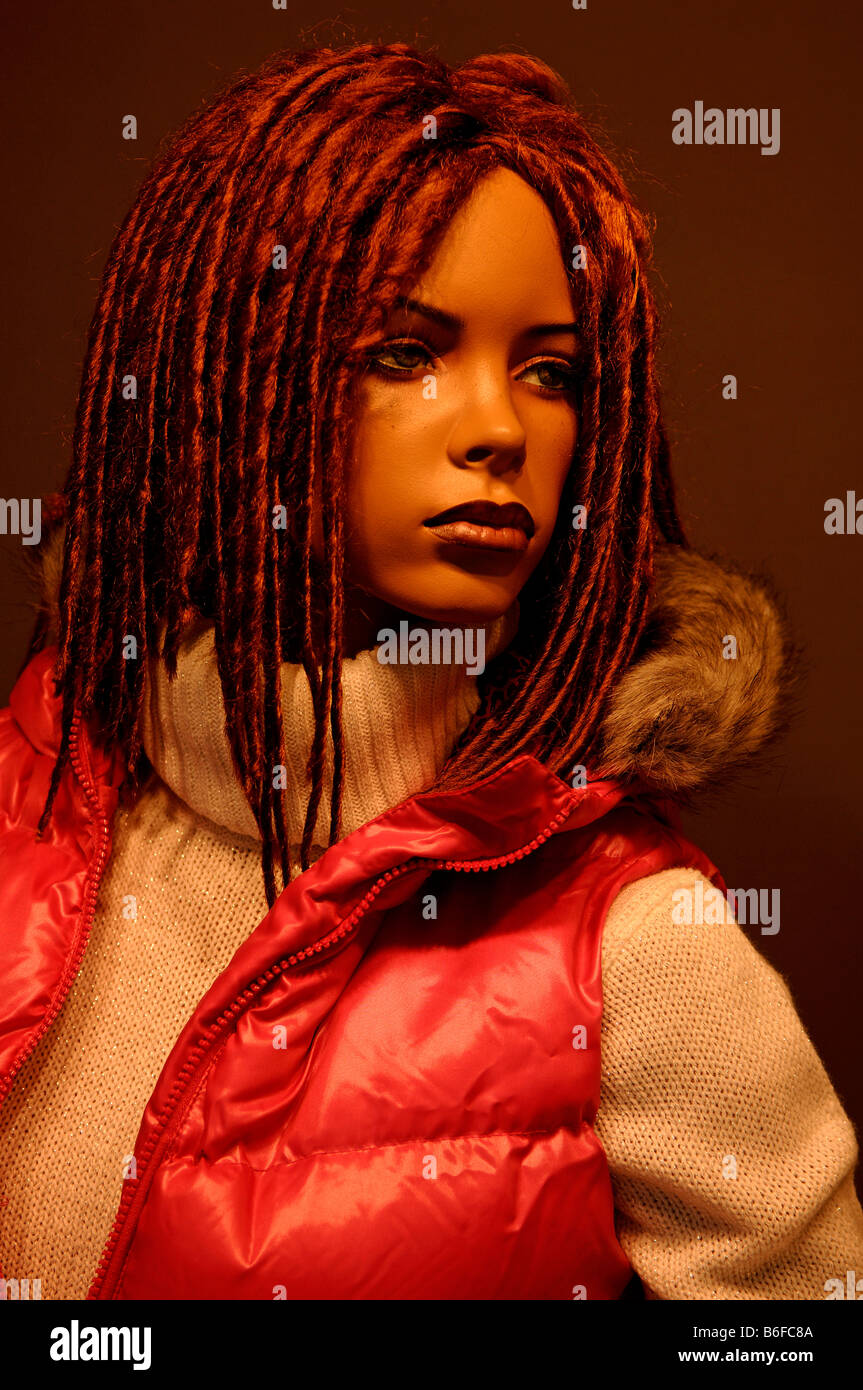 Female shop window mannequin wearing dreadlocks, Colmar, Alsace, France