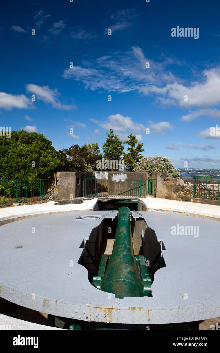 A retractable hidden gun sits atop Mount Victoria in the Devonport district of Auckland, New Zealand Stock Photo