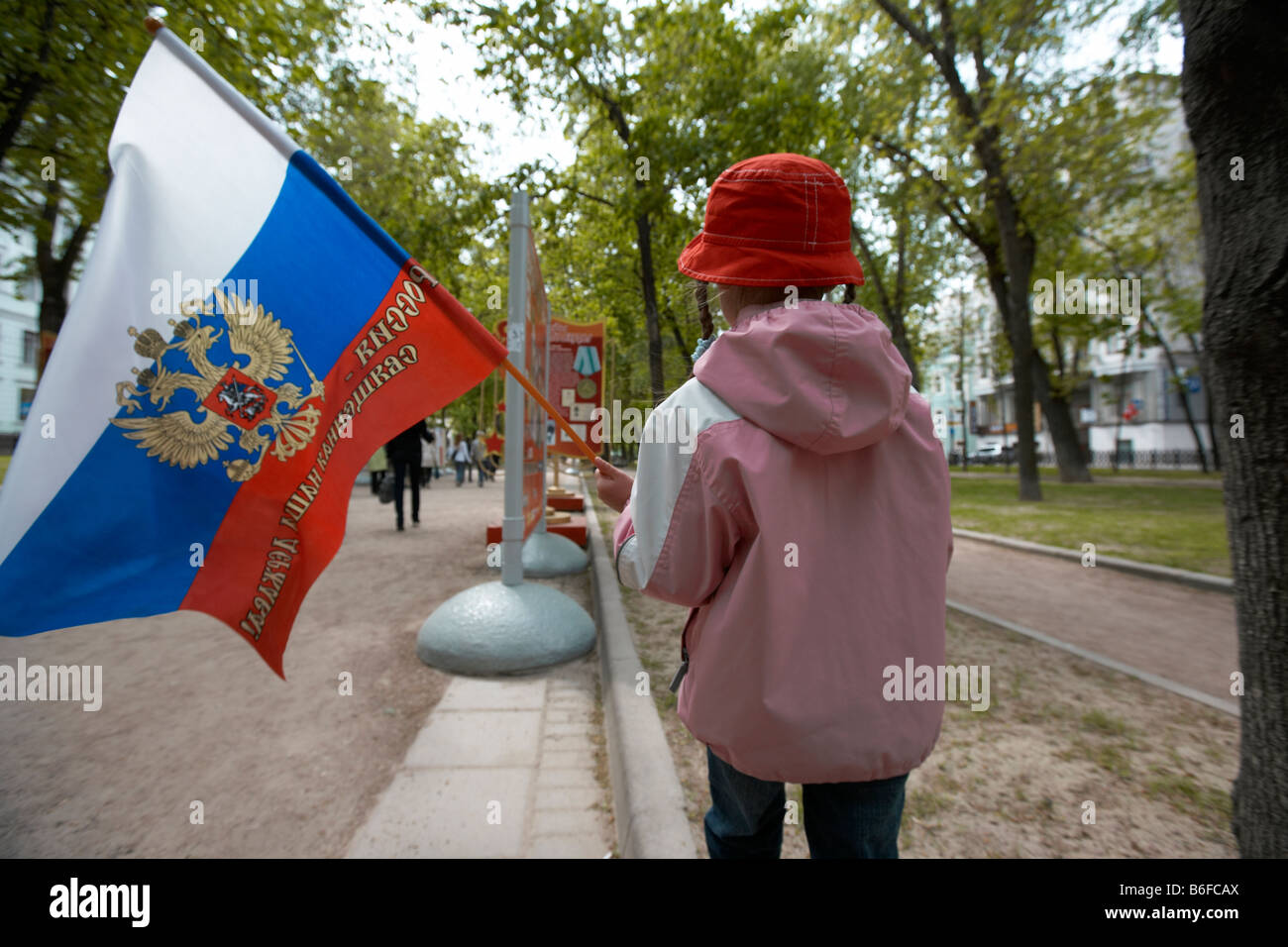 Girl with Flag on Victory Day, Moscow Russia Stock Photo