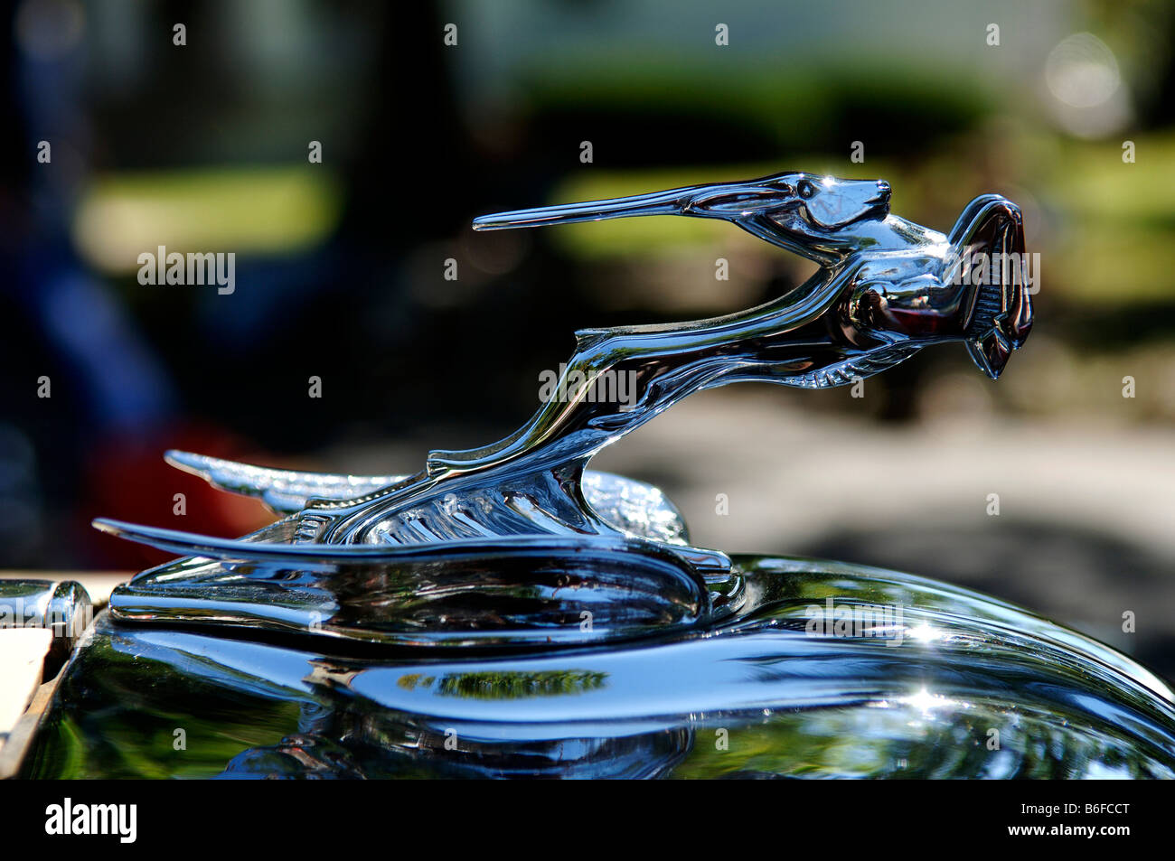 Hood ornament of a 1931 Chrysler at a Classic Car Show in Belvidere, New Jersey, USA Stock Photo
