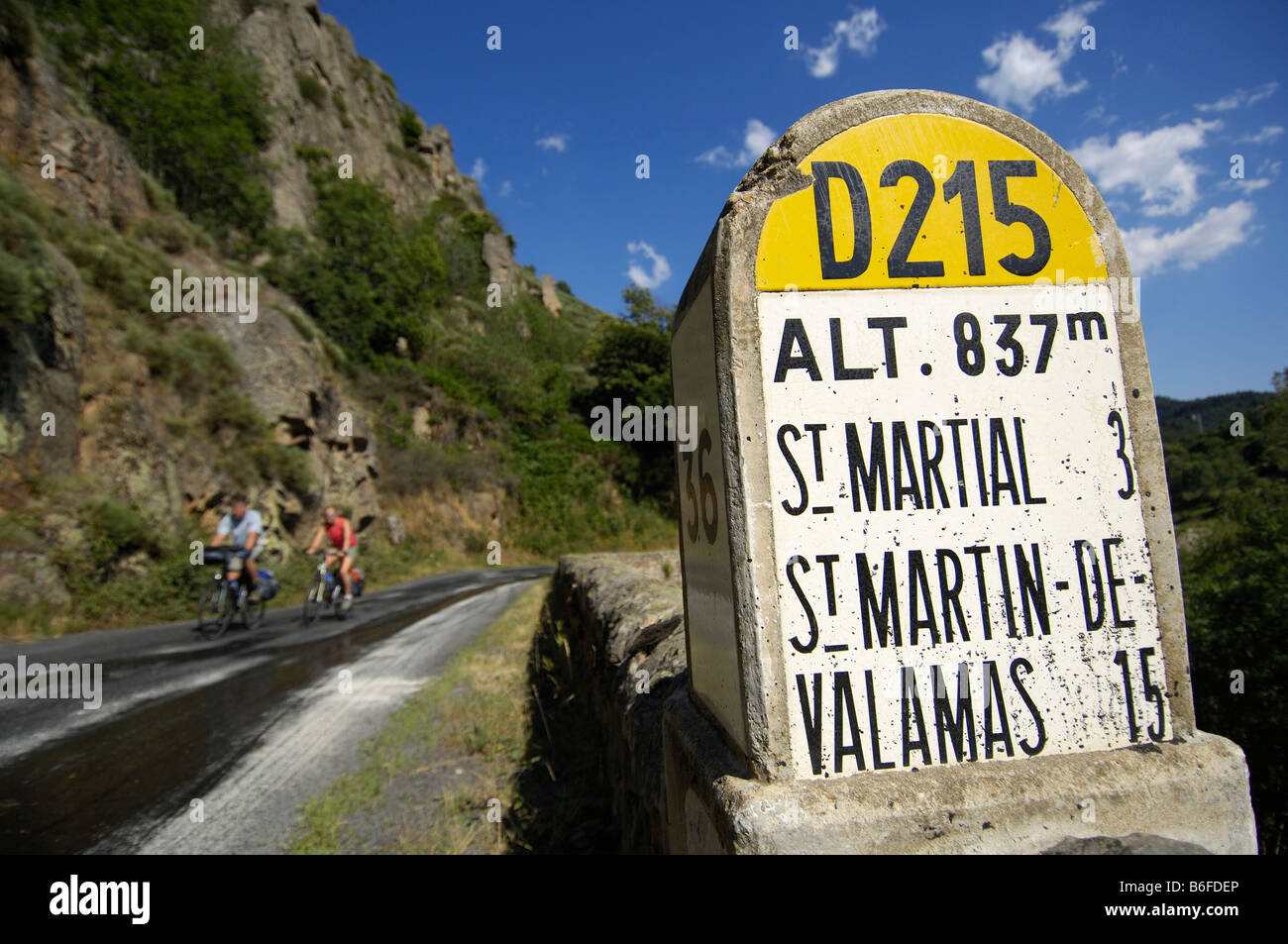 Information on distances, cyclists near Saint Martial, Ardèche, Rhones-Alpes, France, Europe Stock Photo