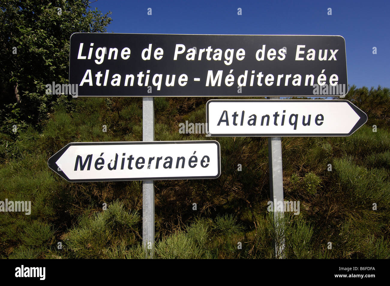 Sign, water divide Atlantic-Mediterranean, Ardèche, Rhones-Alpes, France, Europe Stock Photo