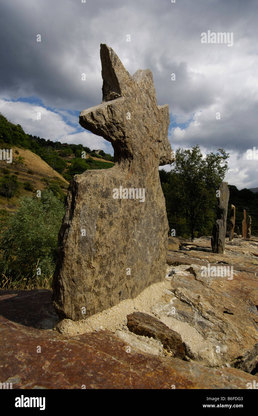 Stone sculptures on the Sentier des Lauze, Saint Melany, Ardeche, Rhone Alps, France, Europe Stock Photo