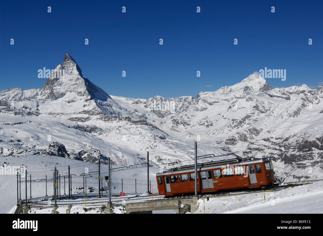 The Gornergratbahn mountain rack railway in front of the Matterhorn ...