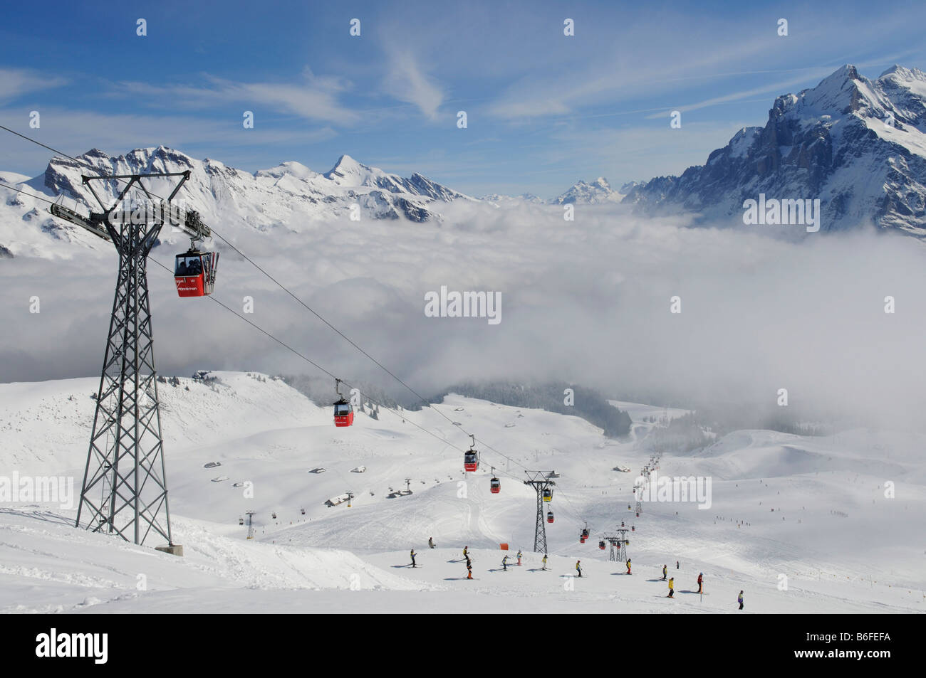 Maennlichen Cableway with view over Mt First and Mt Wetterhorn, Grindelwald, Bernese Alps, Switzerland, Europe Stock Photo