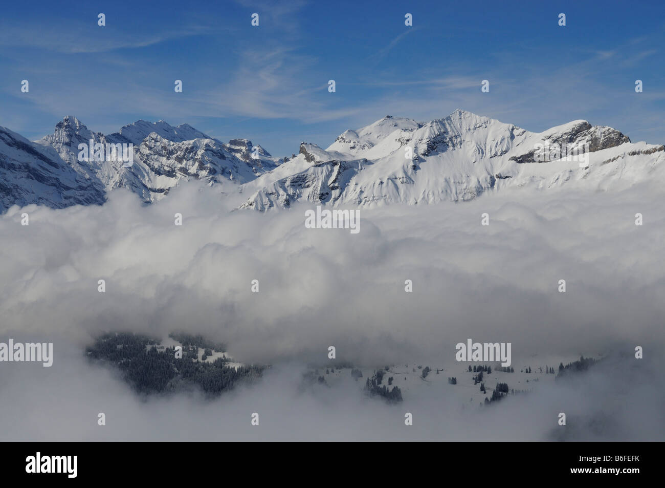 View from Mt Maennlichen of Mt Schilthorn, Grindelwald, Bernese Alps, Switzerland, Europe Stock Photo