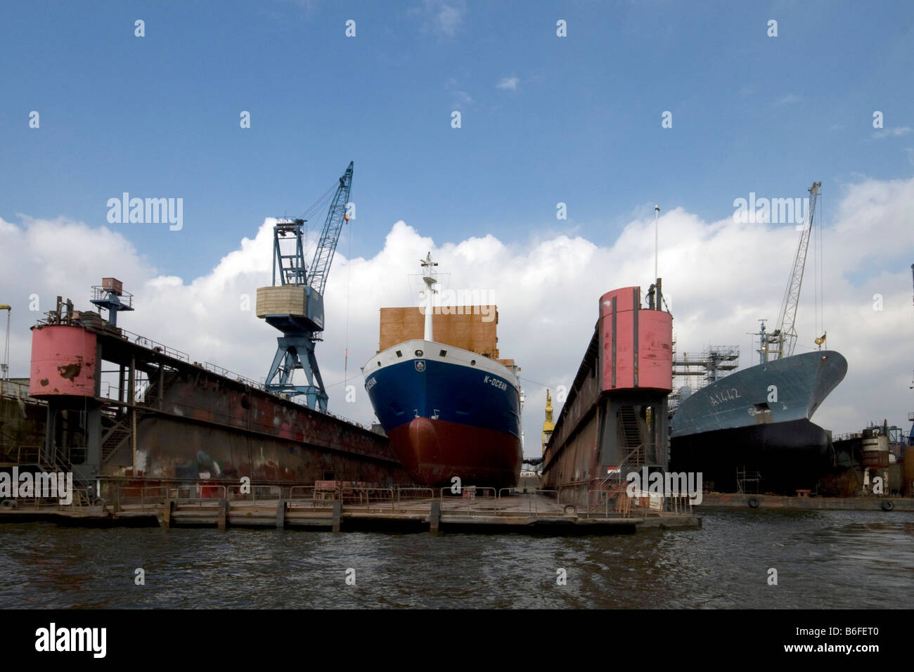 Harbour with floating docks to repair ships, Hamburg, Germany, Europe Stock Photo