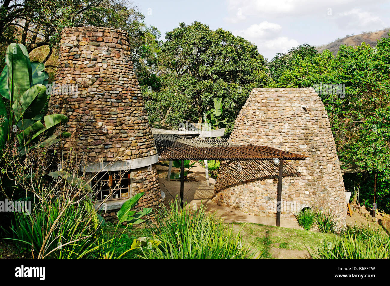 Hot springs bath house in Lilani valley built in an historic architectural style of Great Zimbabwe, Kwazulu-Natal, South Africa Stock Photo