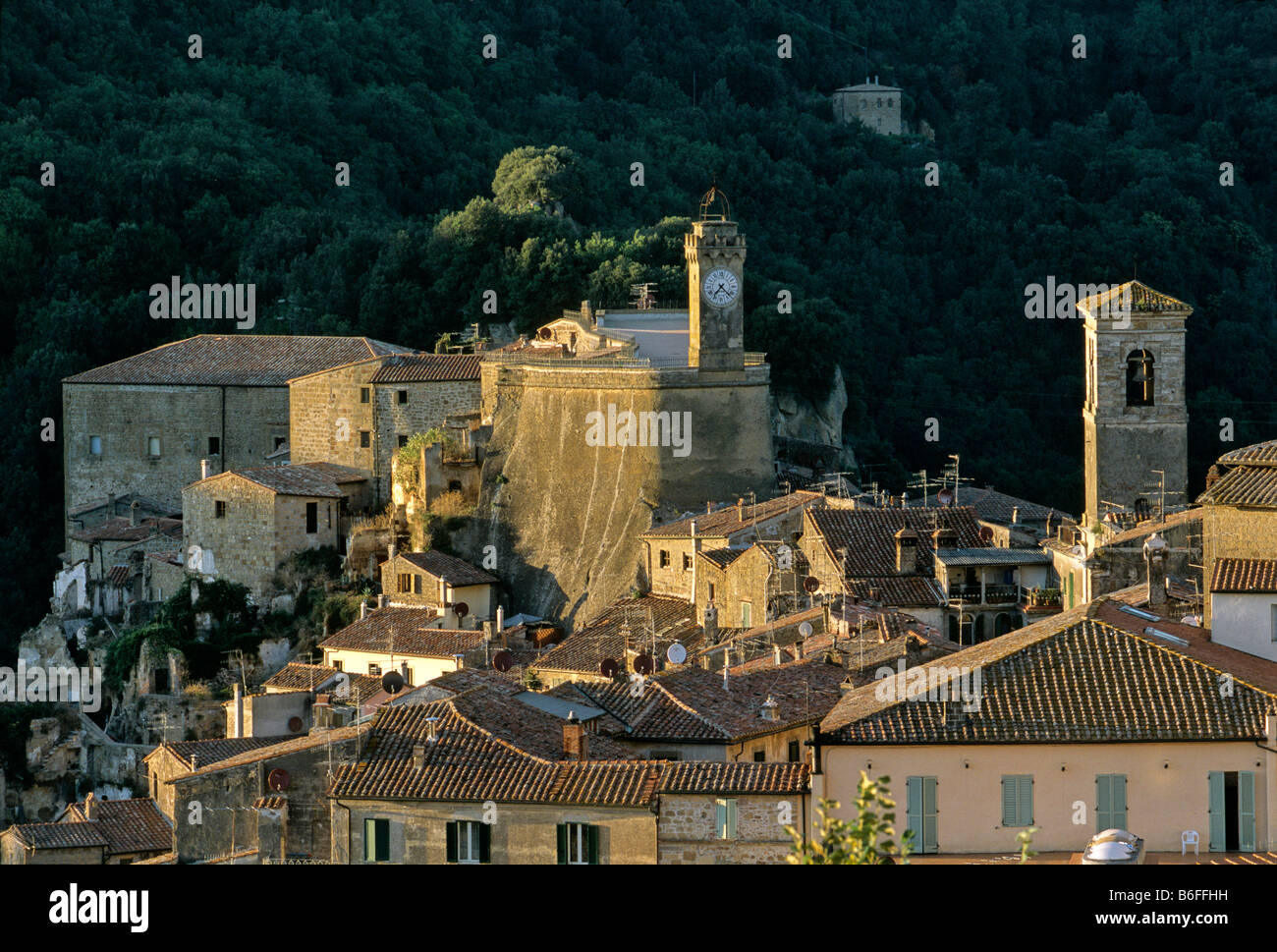 Terrace and clock tower on Masso Leopoldino, Sorano, Province of ...