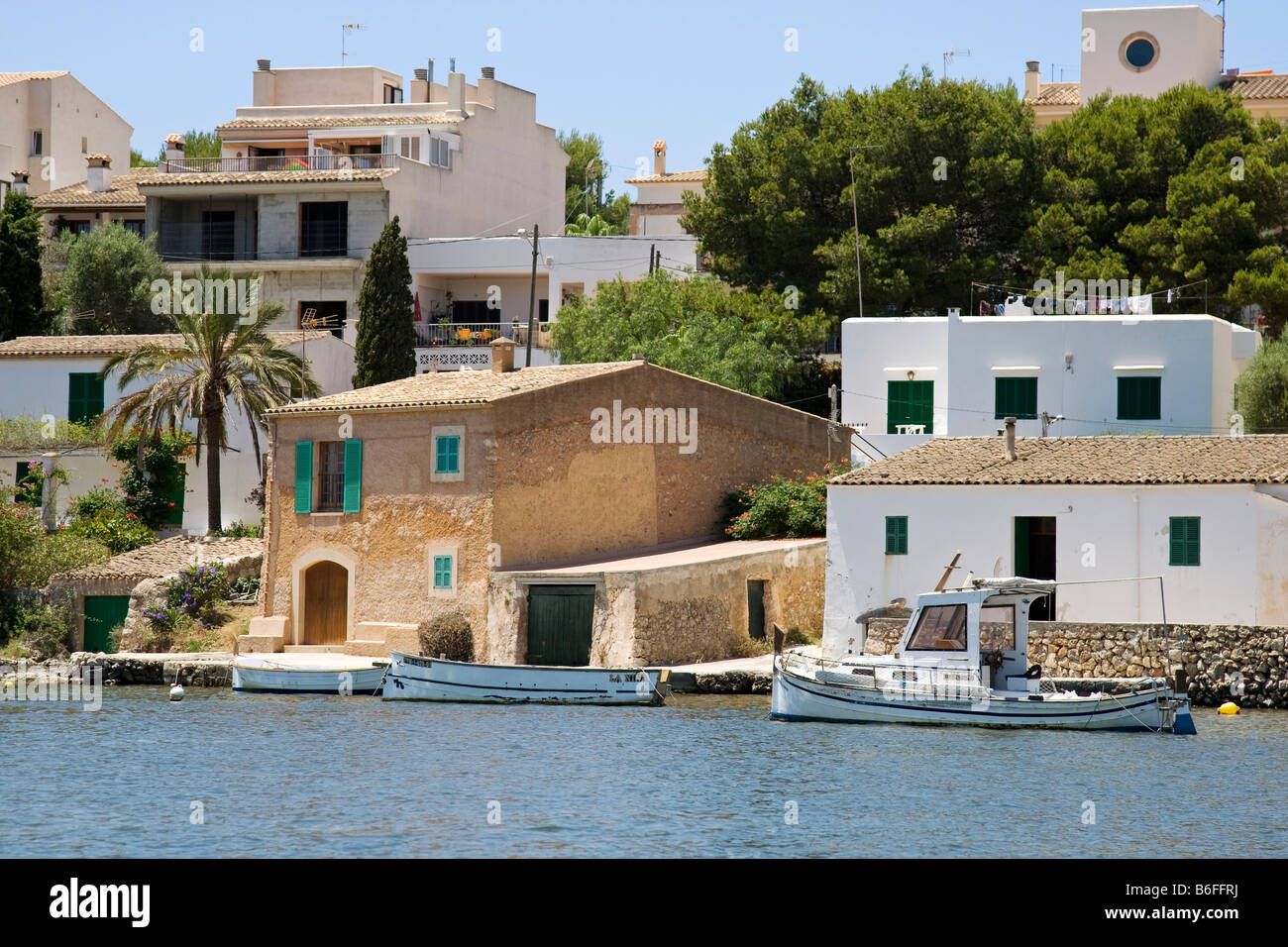 Boats in the bay of Porto Petro, Santanyi municipality, Majorca, Balearic Islands, Spain, Europe Stock Photo