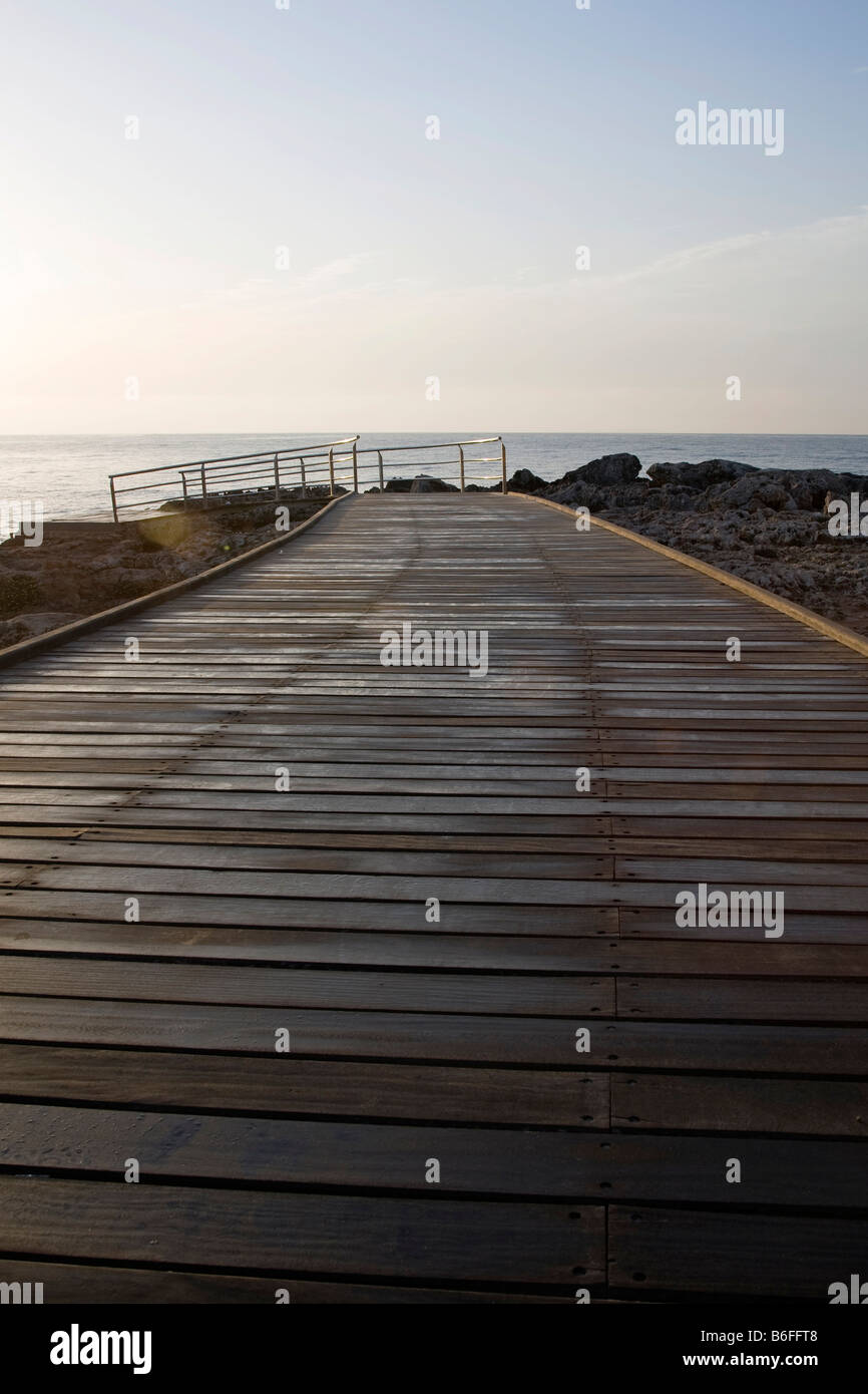 Wharf at sunrise, Sa Coma, Majorca, Balearian Islands, Spain, Europe Stock Photo