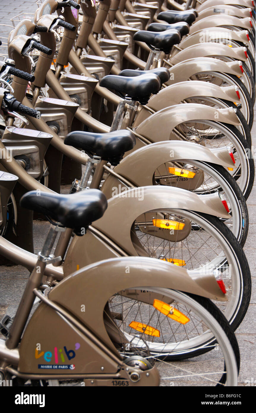 Lined-up bicycles, bicycle hire for residents and tourists, Paris, France, Europe Stock Photo