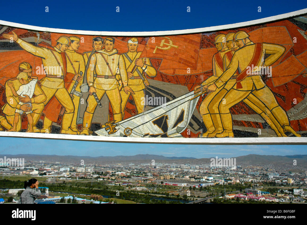 Mosaic memorial for Soviet soldiers and a view over the city of Ulan Bator, Mongolia, Asia Stock Photo