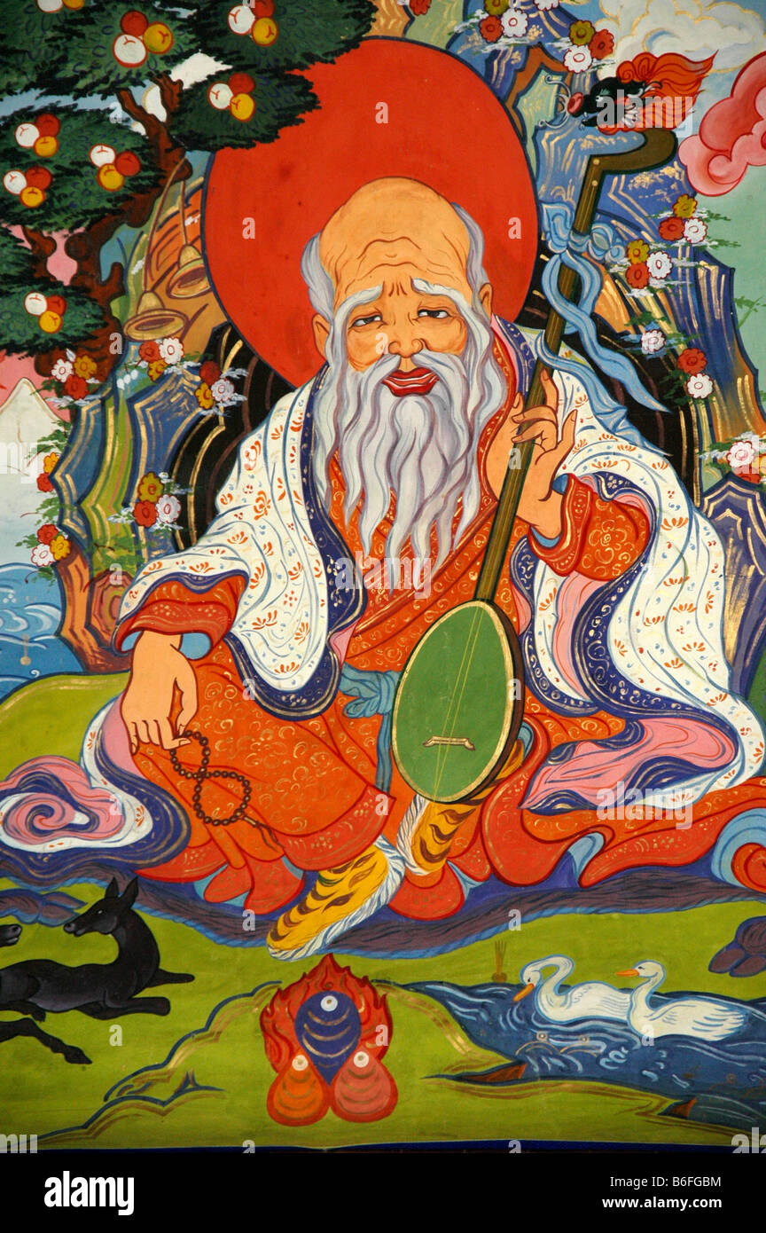 Musician, Mongolian style painting of a holy man making music, Mongolia, Asia Stock Photo