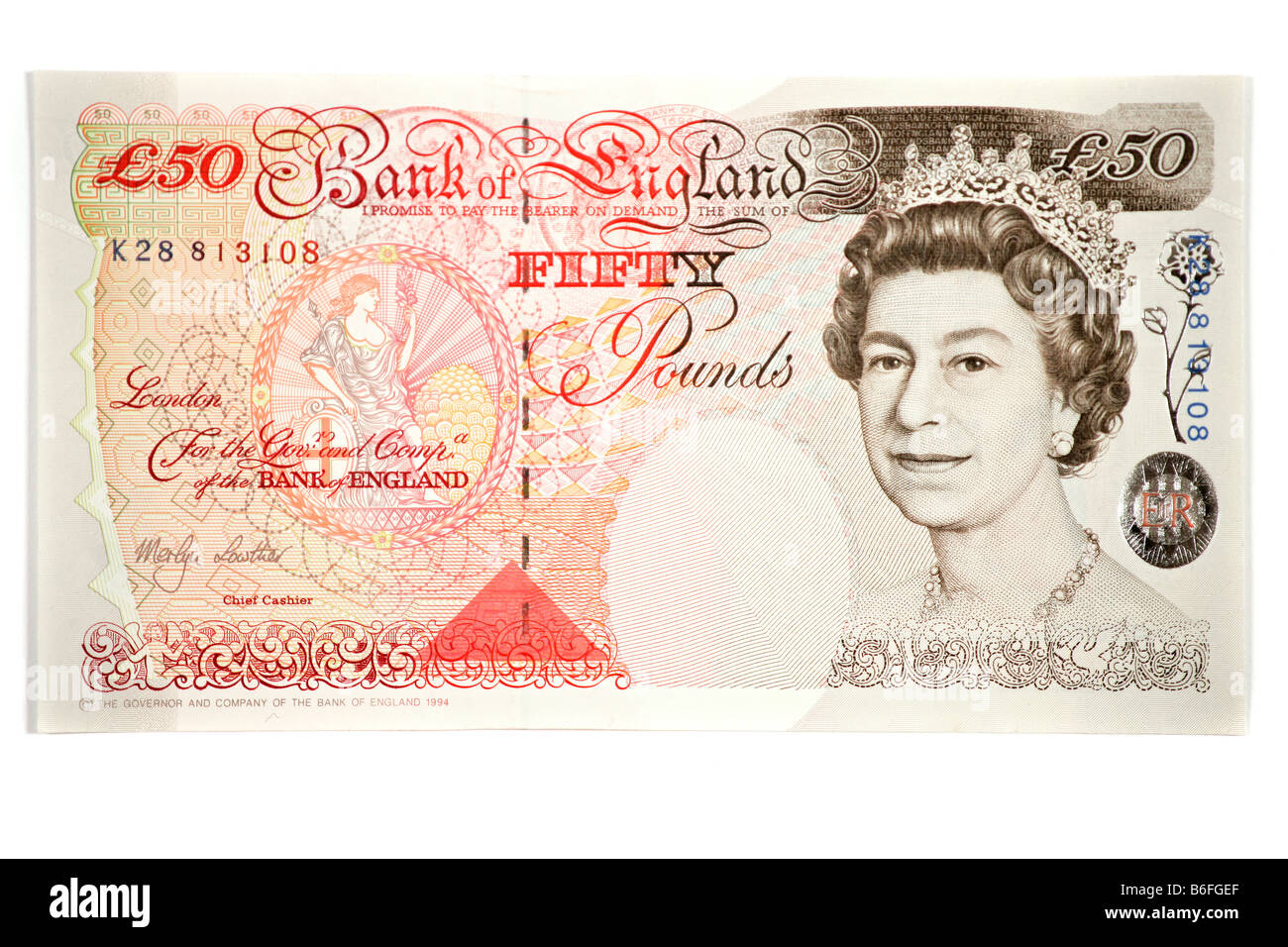 A photograph of a British fifty pound note on a white background Stock Photo