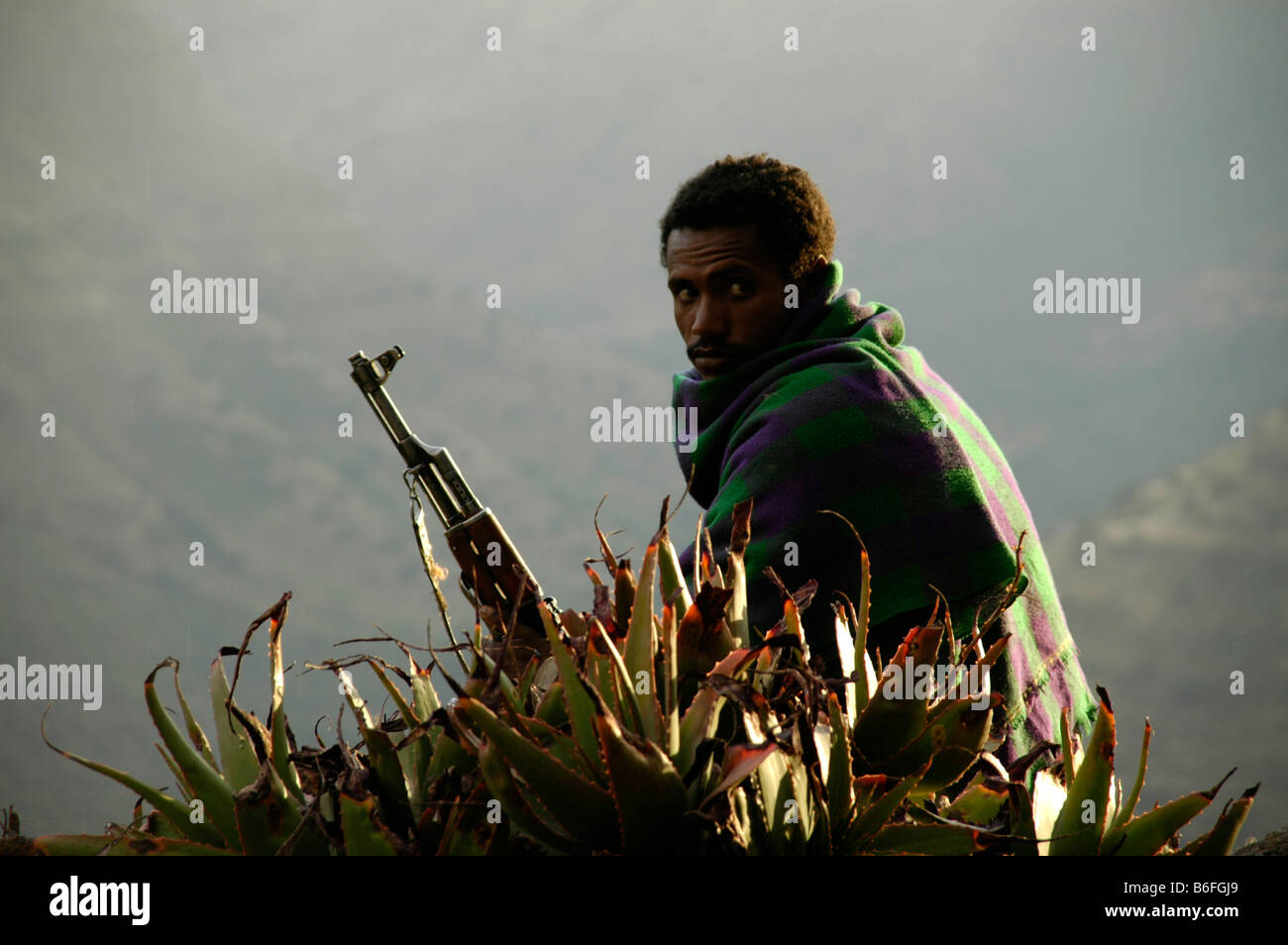 Man squatting beside a bush with his gun, Semien Mountains National Park, Ethiopia, Africa Stock Photo