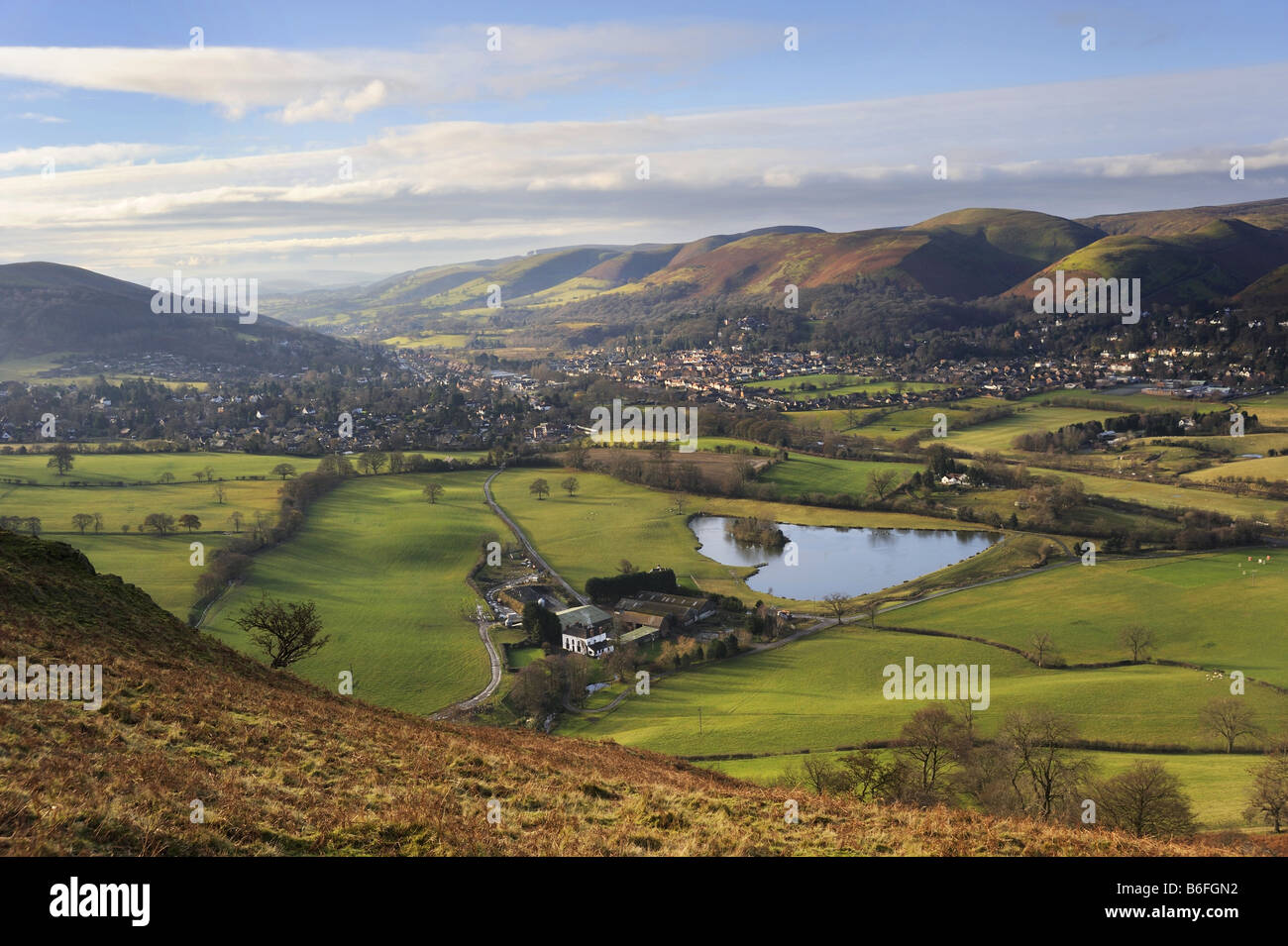 View of the town of Church Stretton and The Long Mynd hills from Caer