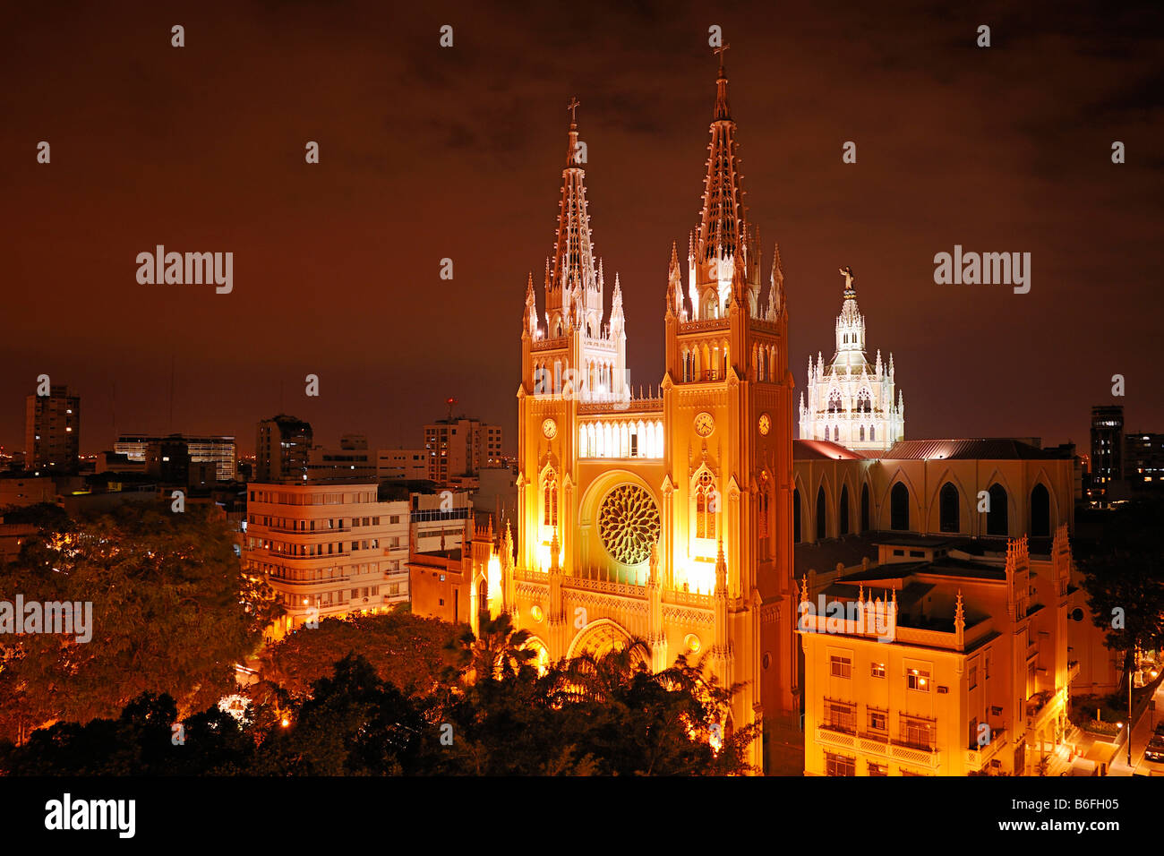 New Gothic cathedral, built in 1948, with lead crystal windows, night exposure, Guayaquil, Ecuador, South America Stock Photo