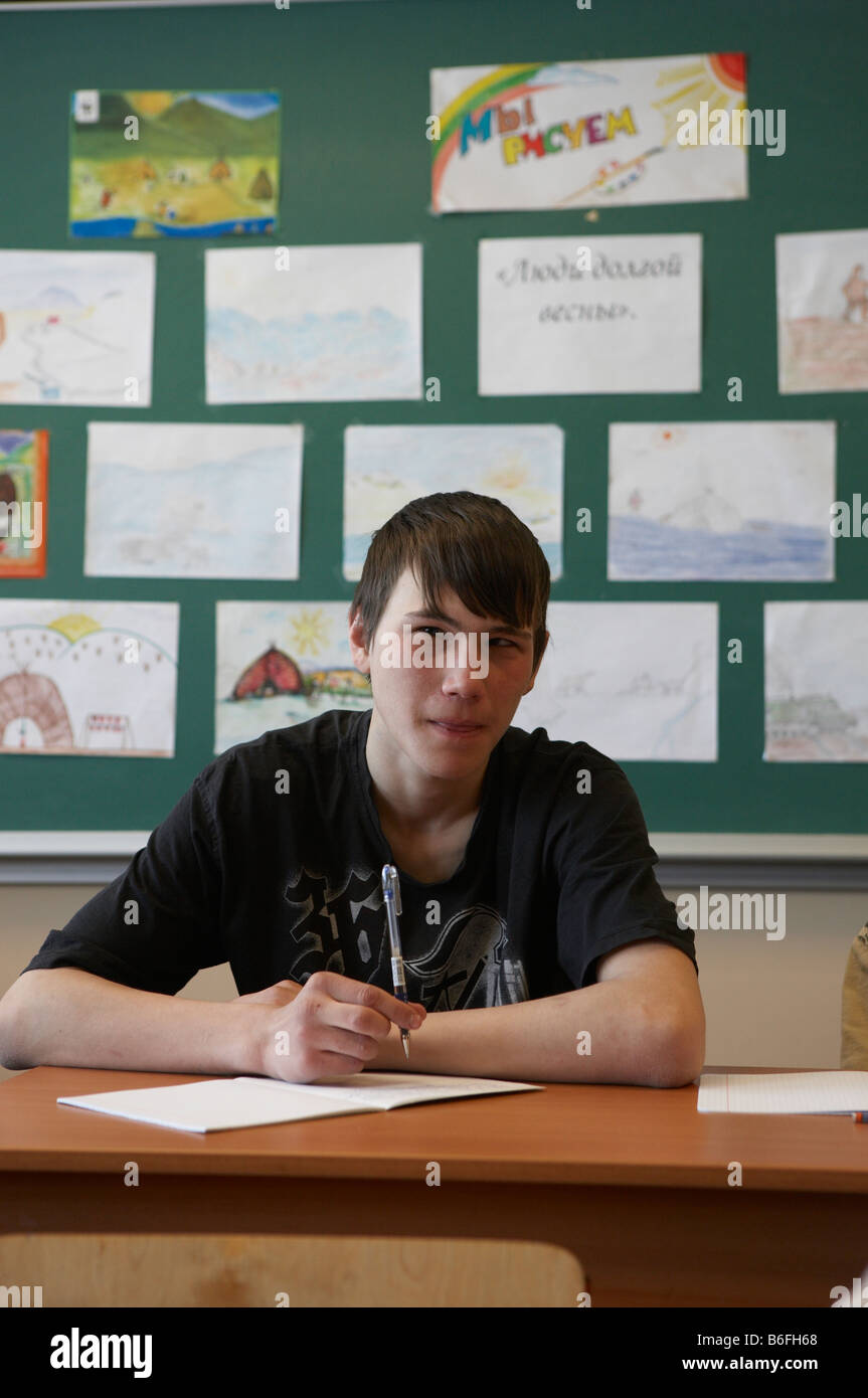 Teenager in school, Kanchalan Siberia Russia Stock Photo