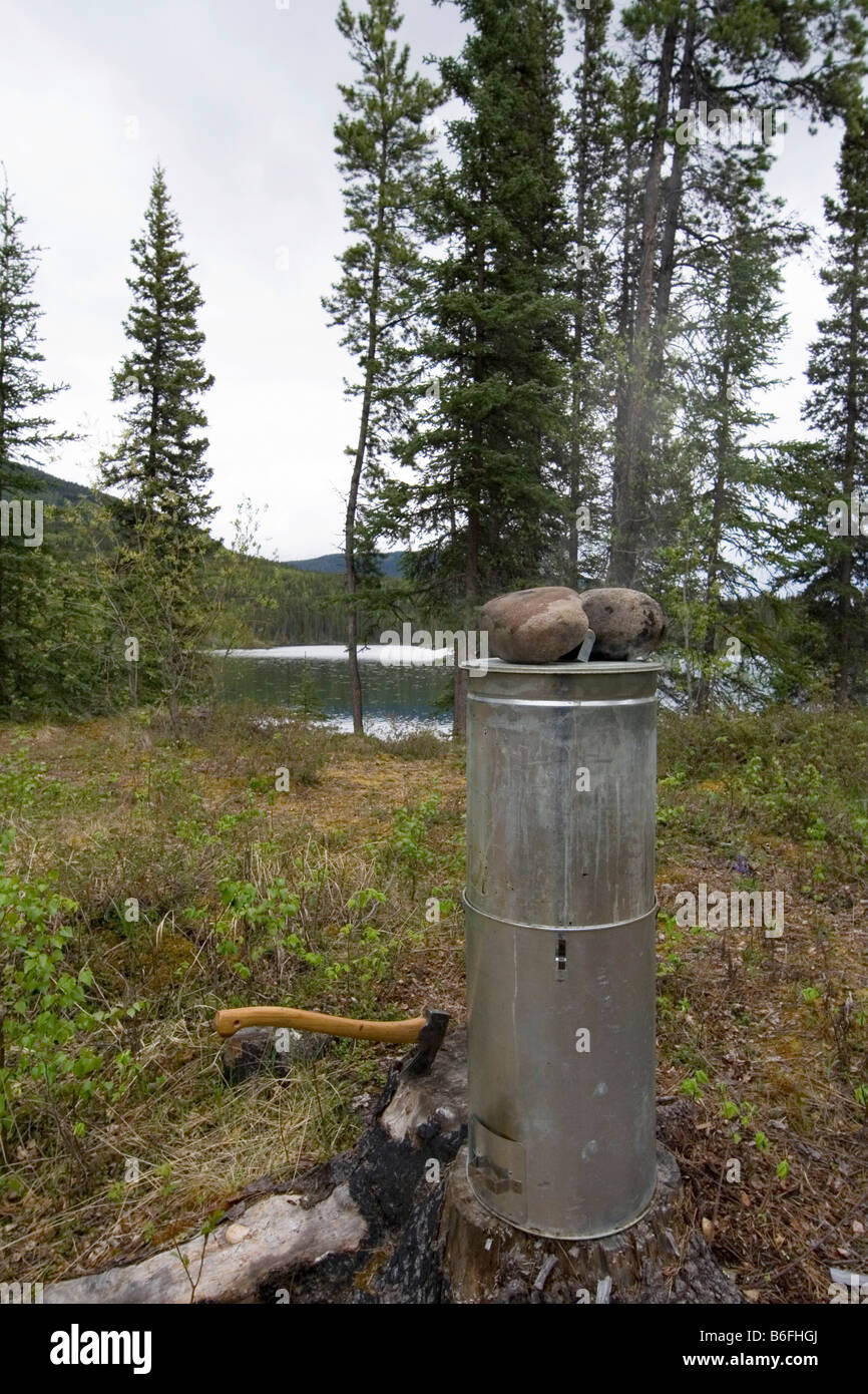 Fish smoker on a lake shore, ax, Yukon Territory, Canada, North America