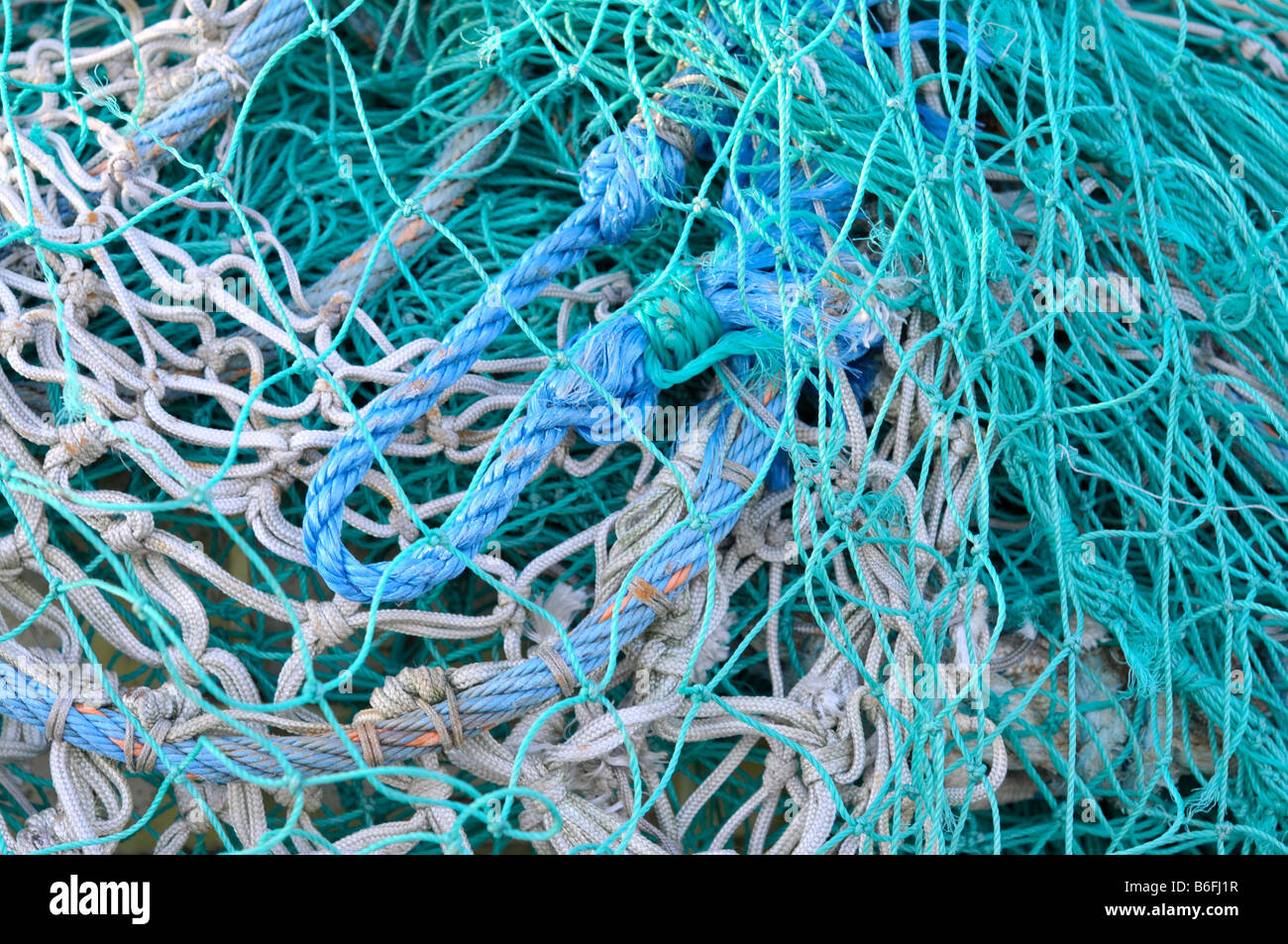 Nylon fishing nets and ropes in Maasholm harbor, Baltic Sea coast