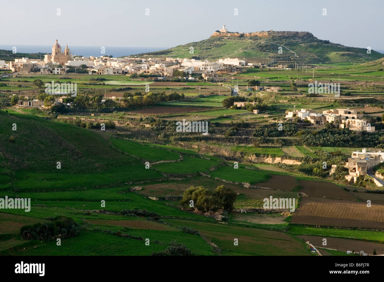 Gozo Rural Side Panorama of undulating landscape and towns of Gozo's western region ...