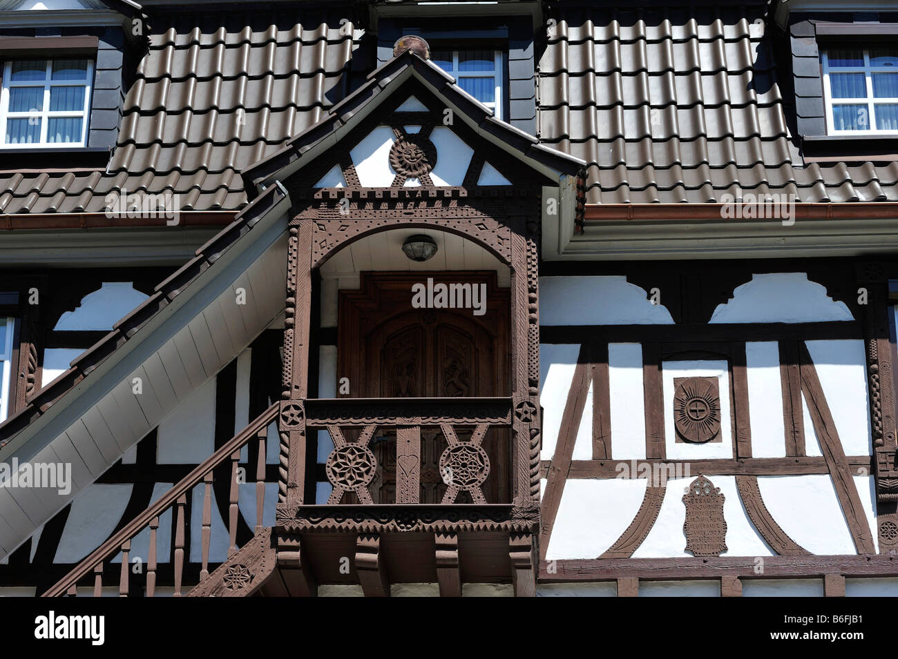 Half timbered building facade and gazebo, Doerrenbach, Naturpark Pfaelzerwald Nature Park, Rhineland-Palatinate, Germany, Europe Stock Photo