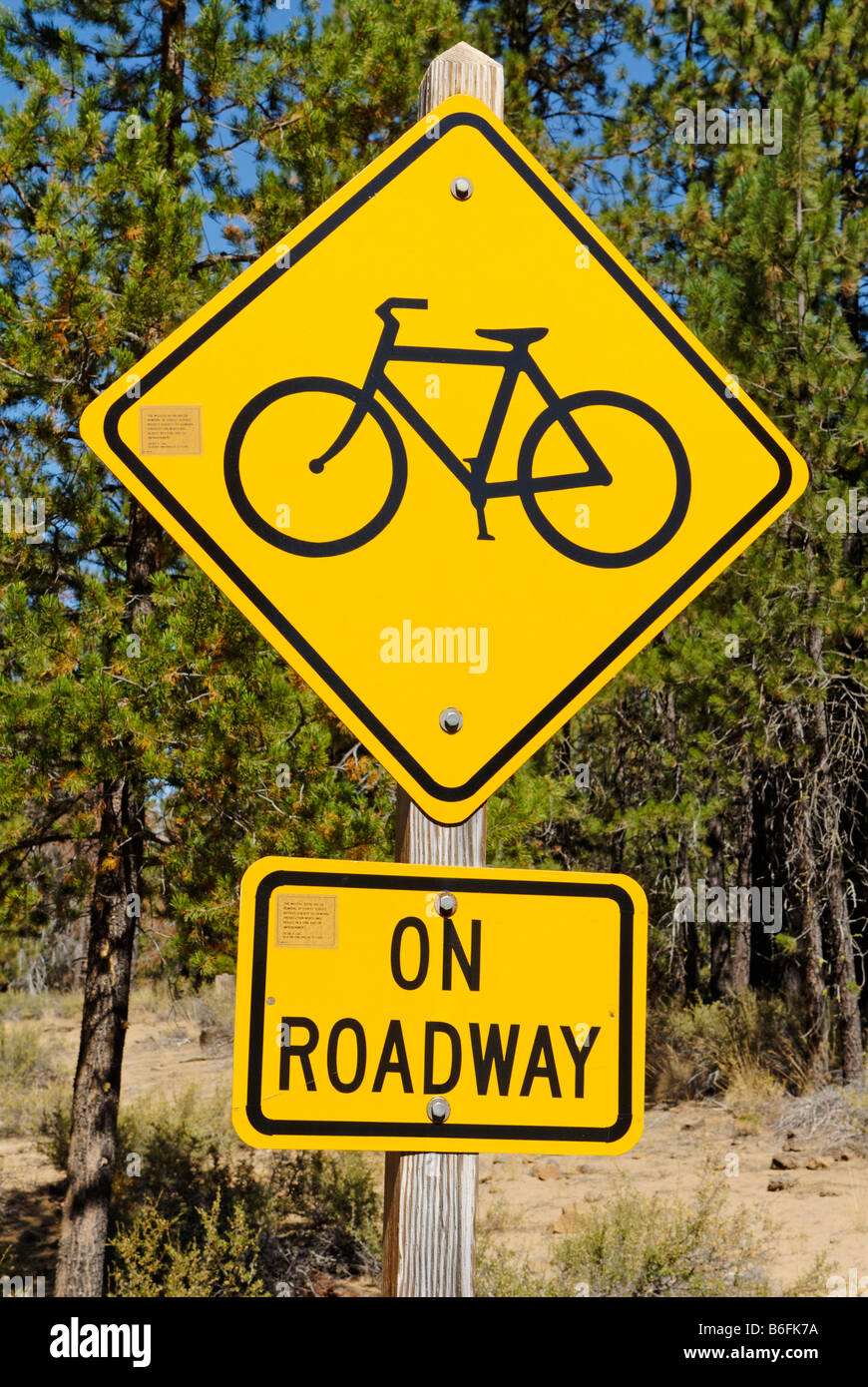 Road sign, bicycle on a yellow diamond, USA Stock Photo