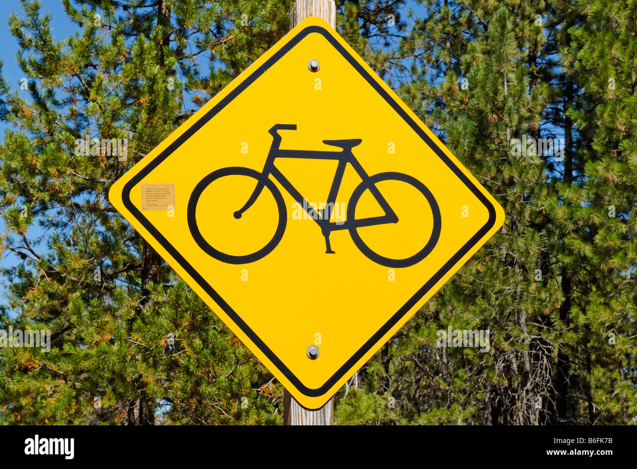 Road sign, bicycle on a yellow diamond, USA Stock Photo