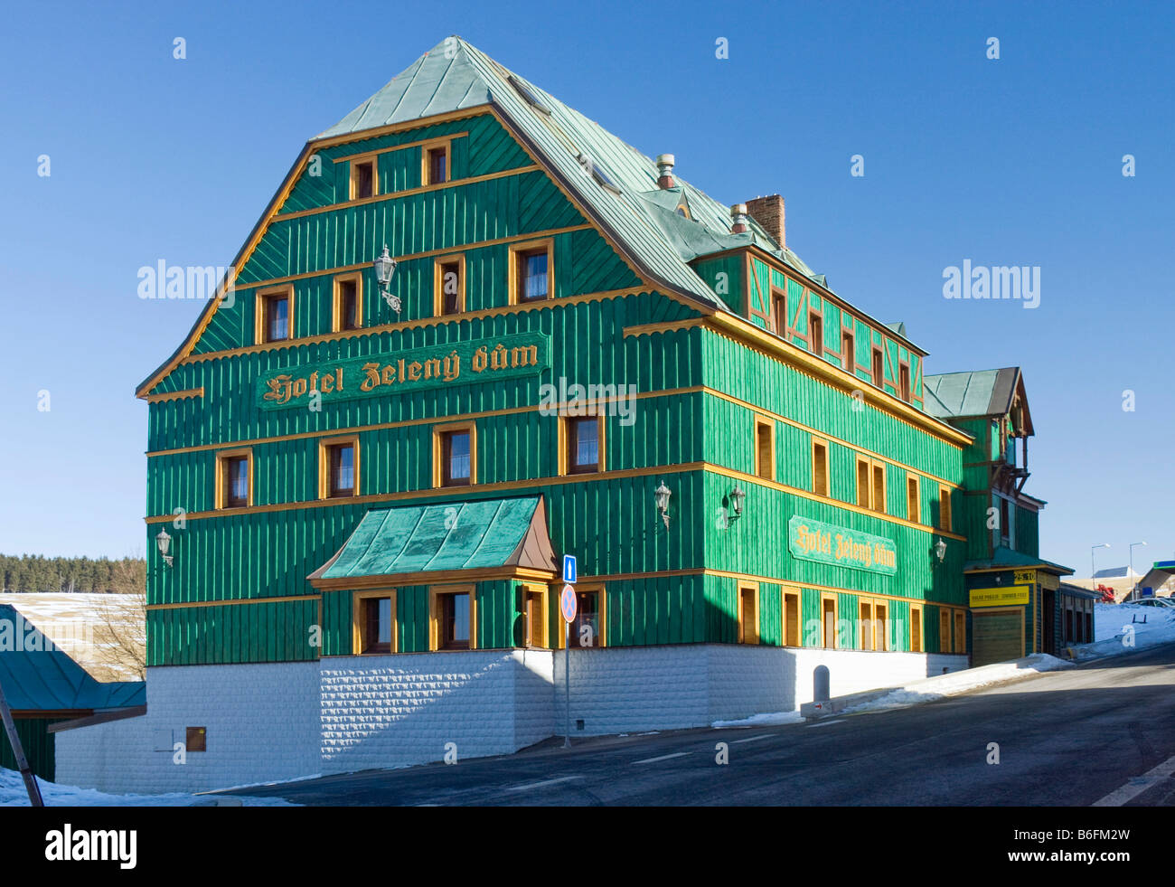 Zeleny dum, green house, hotel in Bozi Dar, Karlovy Vary district, West Bohemia, Czech Republic, Europe Stock Photo
