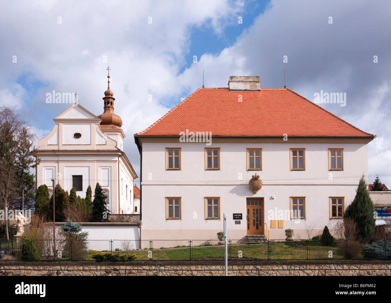 Church and vicarage in Hluk, Moravia, Czech Republic, Central Europe Stock Photo