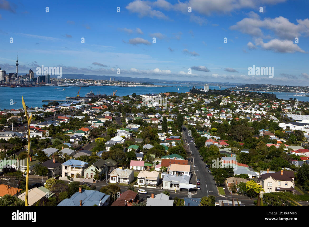 Aerial view from the top of Mount Victoria of Devonport and Waitemata Harbour, Auckland, New Zealand Stock Photo