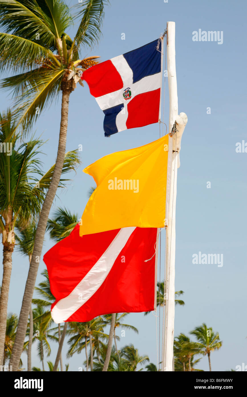 Flags on a beach, Punta Cana, Dominican Republic, Caribbean Stock Photo