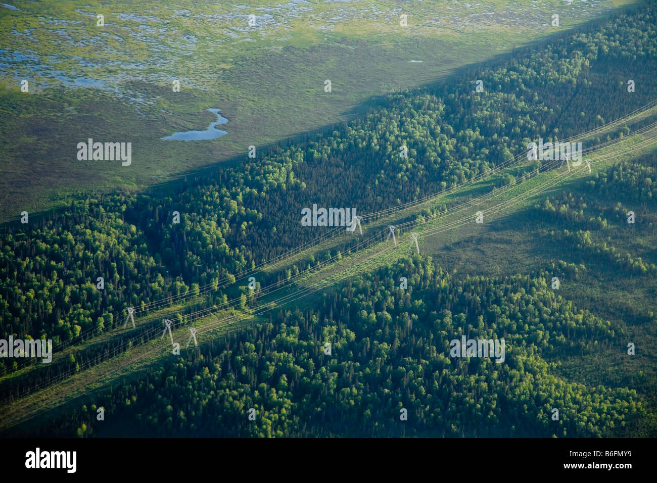 Aerial view of power line towers in Alaska USA Stock Photo