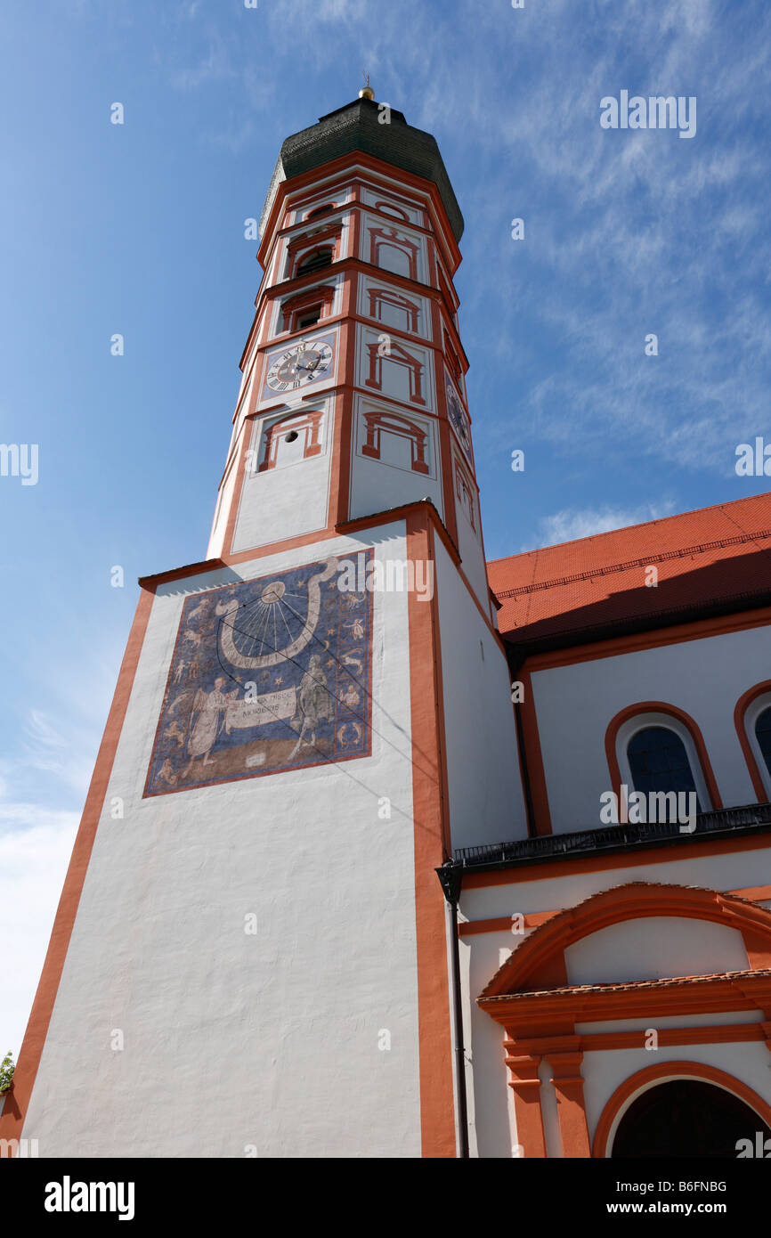Tower of Andechs Abbey church with sundial, Fuenfseenland, Upper Bavaria, Germany, Europe Stock Photo