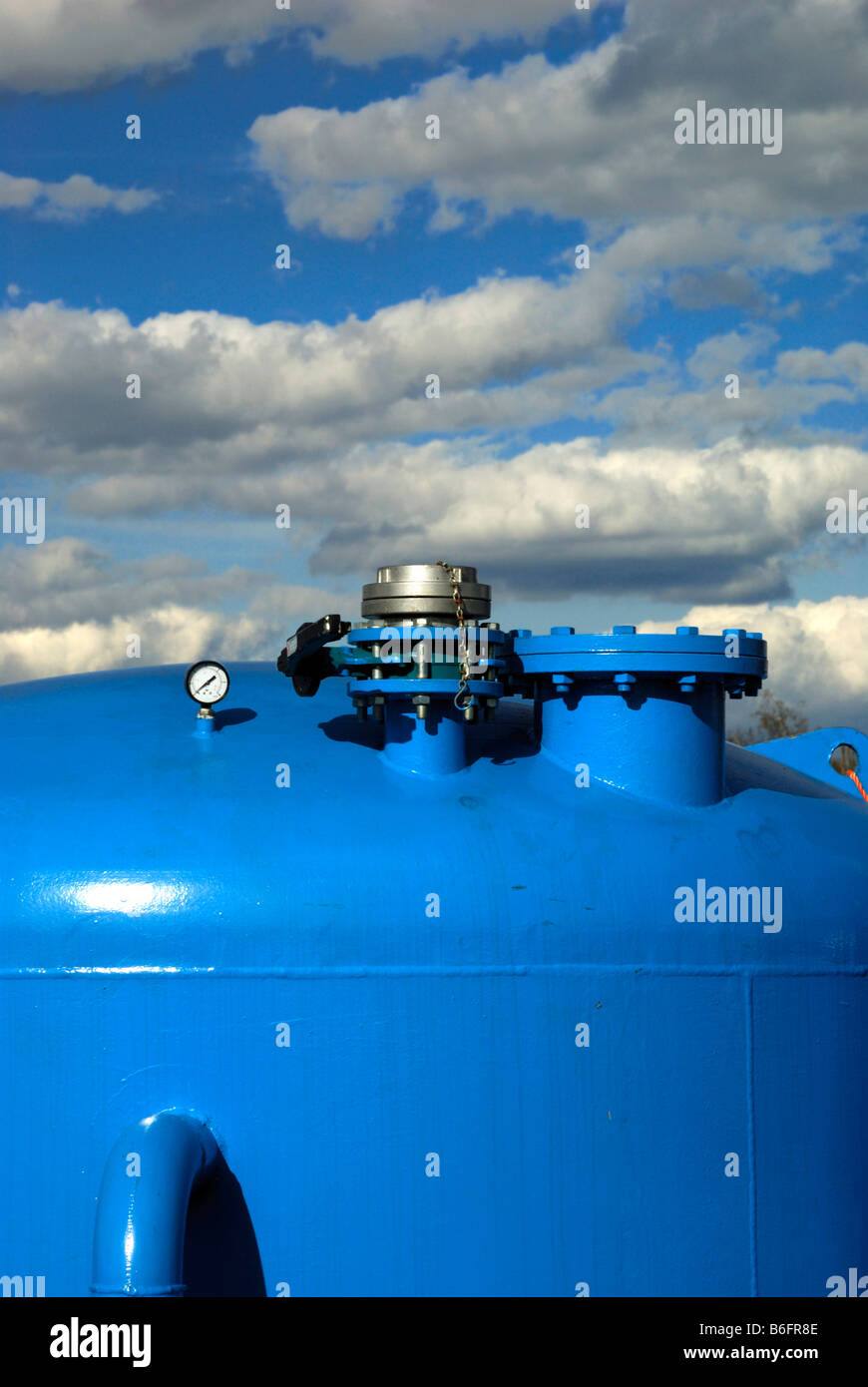Groundwater purification plant, blue container in front of a blue sky, Baden-Wuerttemberg, Germany Stock Photo