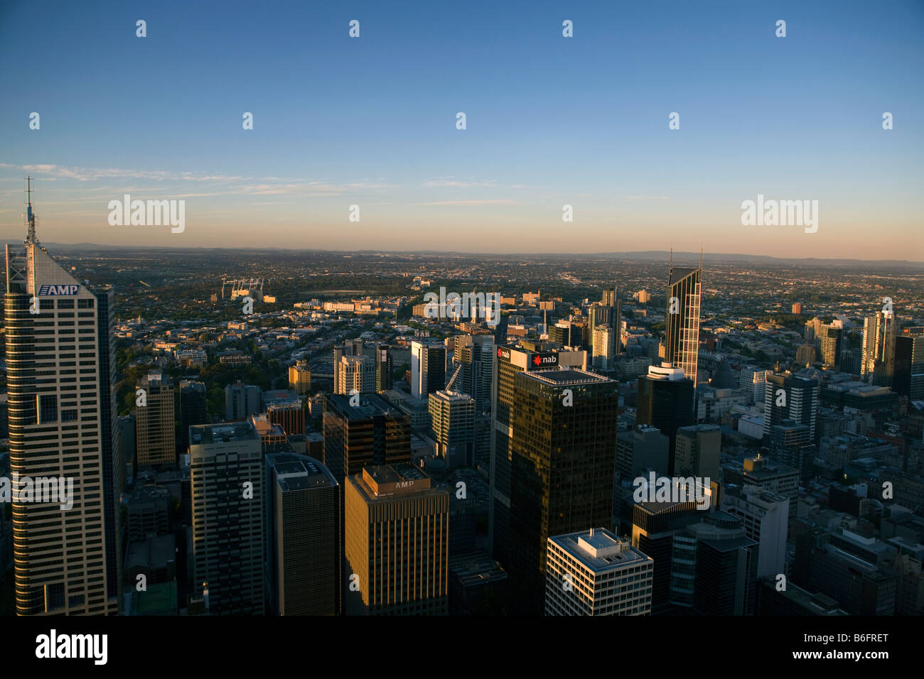Aerial view of Melbourne, Victoria, Australia city skyline and buildings at sunset Stock Photo