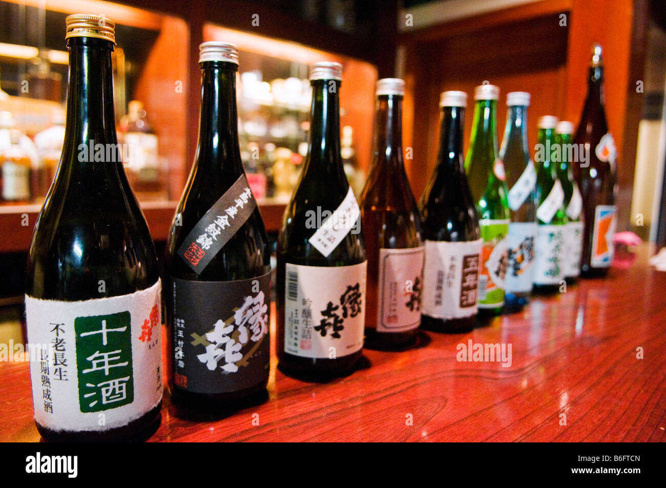 Sake bottles on display at the Sake Museum in Shibu Nagano Japan Stock