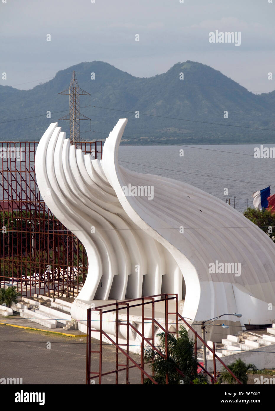 La Concha Acustica the acoustic shell music stadium on Lake Managau Nicaragua with active volcano in background Stock Photo