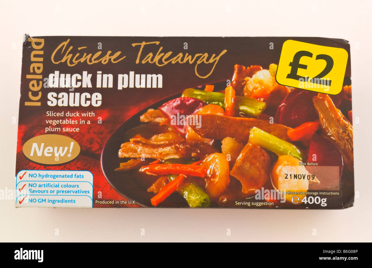 Carton of Iceland duck in plum sauce part of their Chinese Takeaway