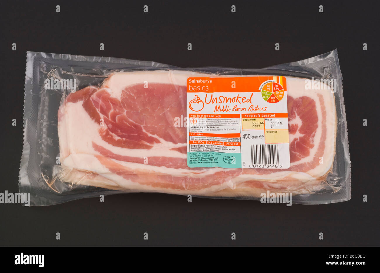 Pack of Sainsburys unsmoked middle bacon rashers part of their Basics sold in the UK Stock Photo