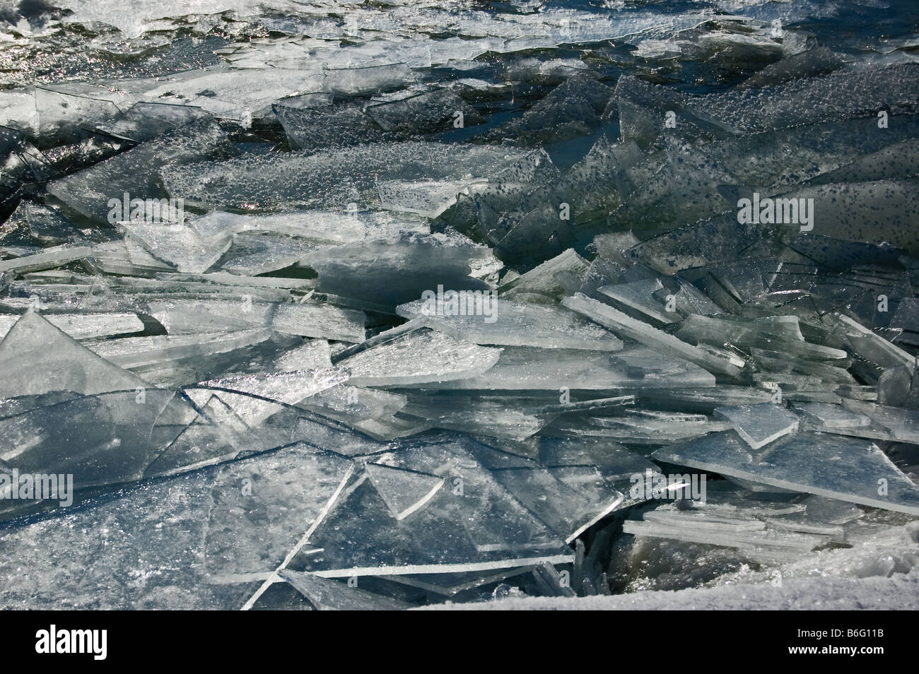 Ice shards on the edge of Lac St. Louis, in early winter. Stock Photo