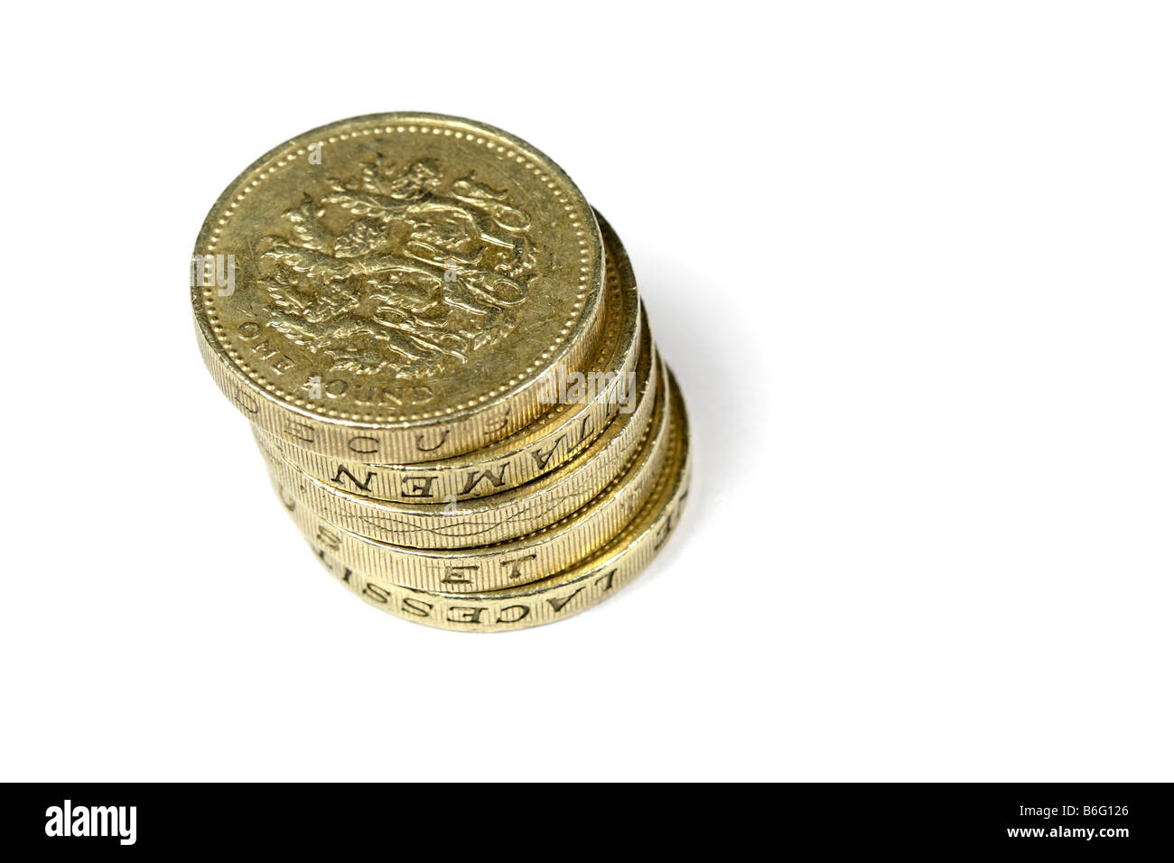 One Pound Coins on white background. Stock Photo