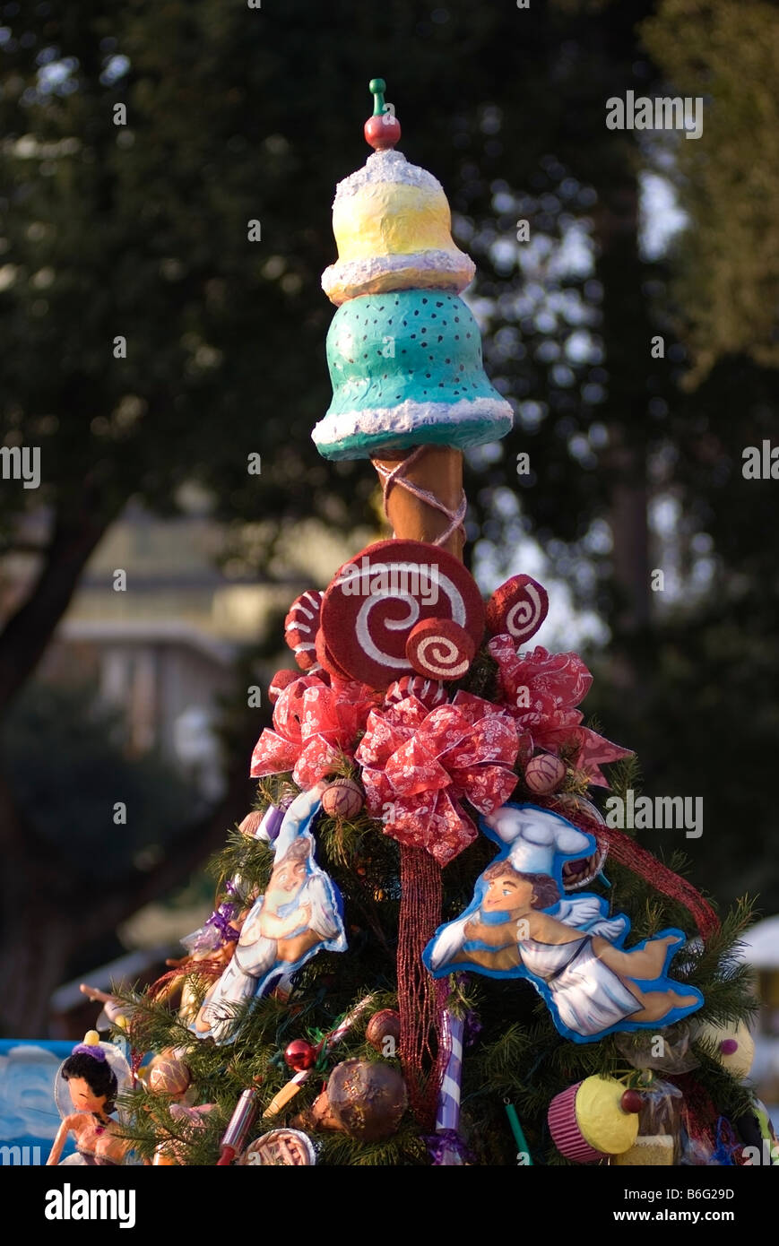 Christmas tree topped with an ice cream cone at Christmas in the Park in the Plaza de Cesar Chavez in central San Jose, CA. Stock Photo