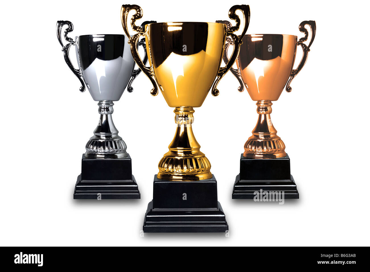 Gold Silver and Bronze trophies isolated on a white background Stock Photo