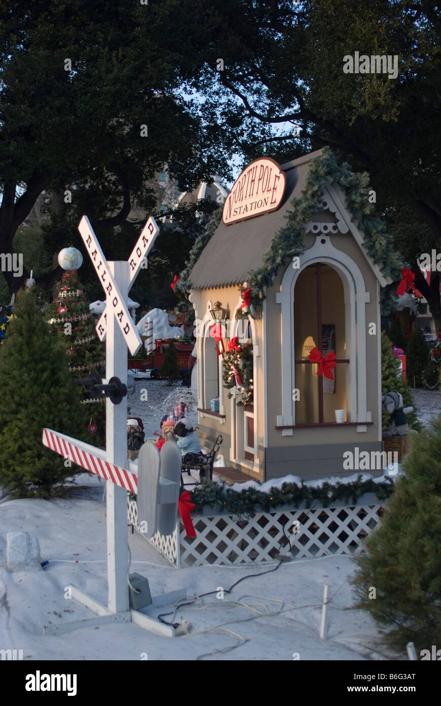 North Pole Station, a miniature station house along the Santa Claus Railroad at Christmas in the Park in central San Jose,CA. Stock Photo